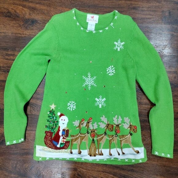 Quacker Factory Green Cute Ugly Christmas Sweater S Snowman & Reindeer - Picture 3 of 12